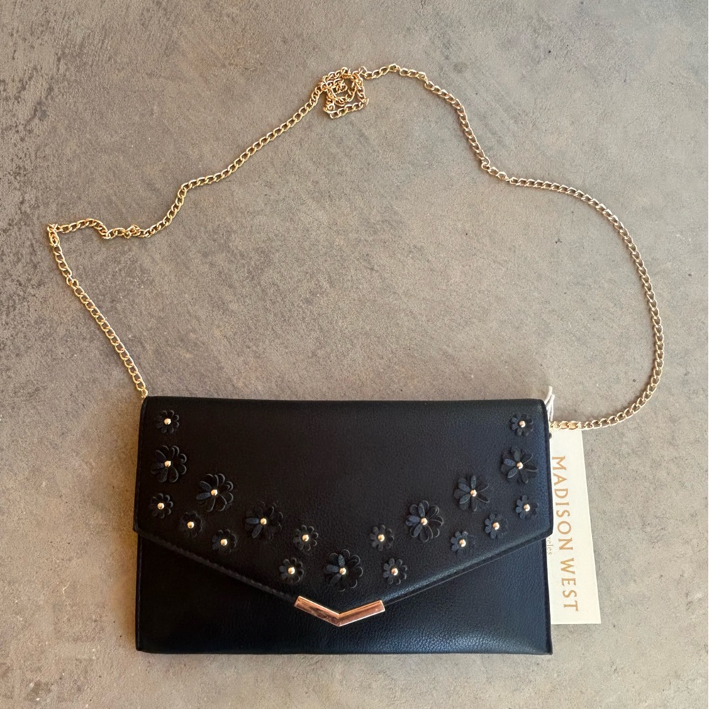 Madison West Vegan Leather Flower Clutch/ Crossbody Bag in Black